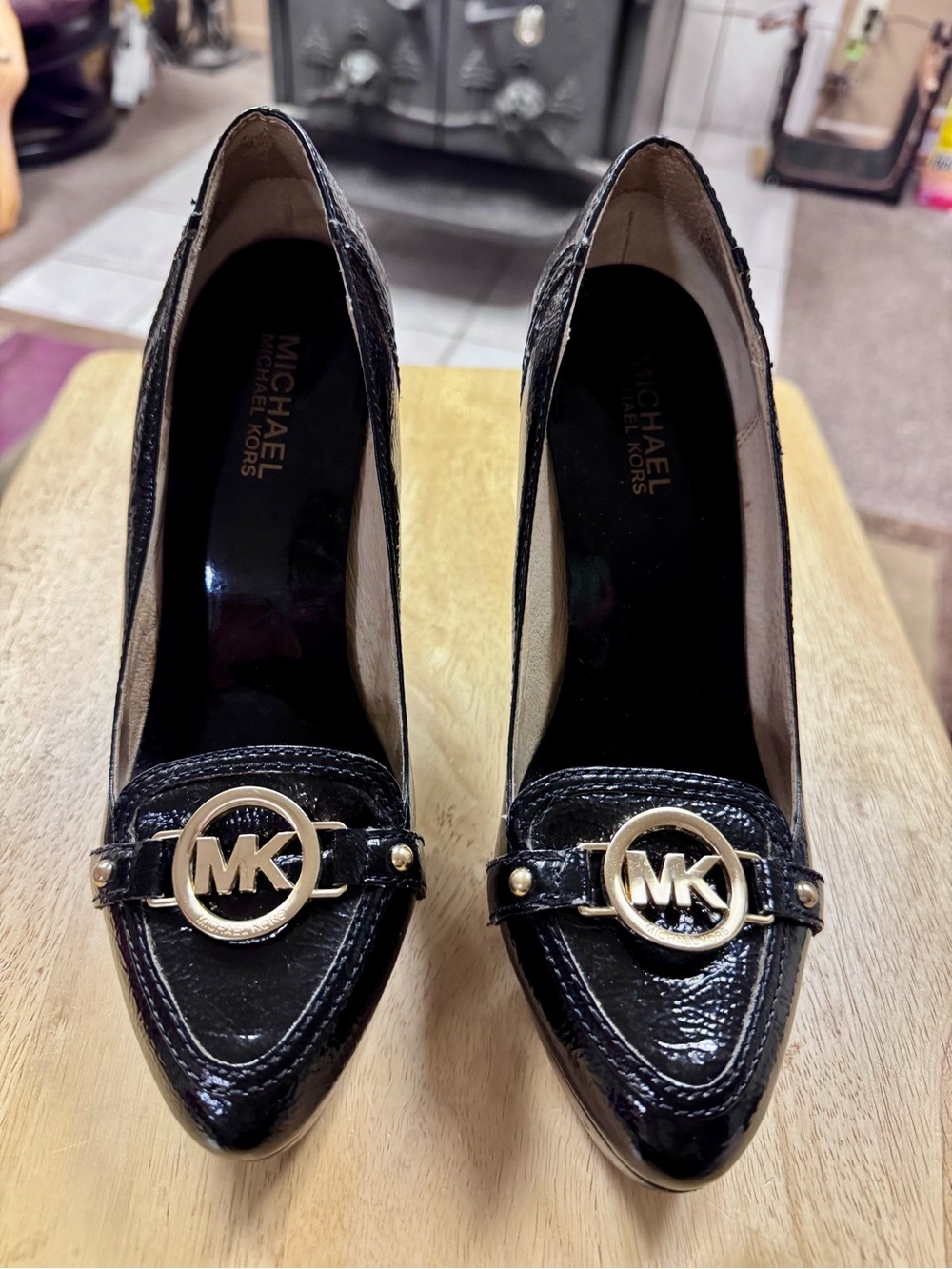 Michael Kors Black Patent Leather Pointed Pumps with Gold MK Accent